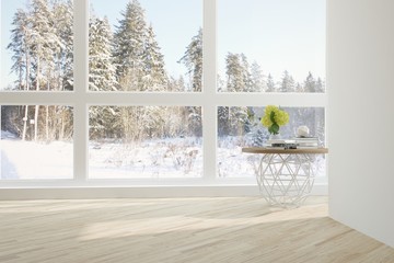 White empty room with table and winter landscape in window. Scandinavian interior design