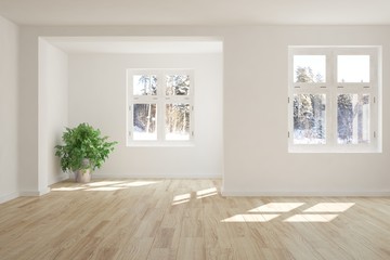 White empty room with flower and winter landscape in window. Scandinavian interior design