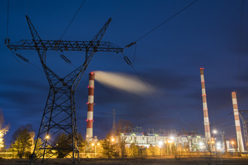 Classic coal plant, coal-fired power plant at night
