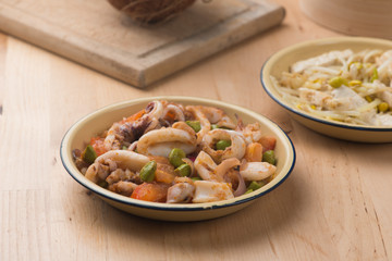 Malaysian dish of chilli fried squid and bean sprouts