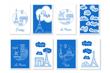 Set greeting postcards on the theme of Paris, with lettering. Linear vector illustration