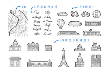 Set icon of Paris in a linear style buildings, architectural attractions, transport, phrases, lettering on the theme of Paris. This set can be used to create maps, design printing, printing on fabric.