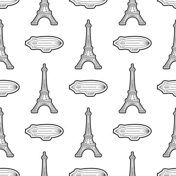 Seamless pattern black on a white background with the image of the symbol of France and Paris the Eiffel tower, in a linear fashion