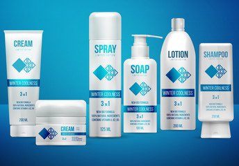 Set of realistic white cosmetic bottle, container and tube. Mockup for branding product cream, soap, shampoo, lotion, spray. Advertising design template. Vector illustration on blue background.