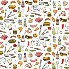 Seamless pattern with hand drawn doodle BBQ icons set. Vector illustration summer barbecue symbols collection Cartoon meals, drinks, ingredients and decoration elements on white background Sketch