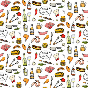 Seamless pattern with hand drawn doodle BBQ icons set. Vector illustration summer barbecue symbols collection Cartoon meals, drinks, ingredients and decoration elements on white background Sketch