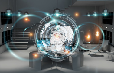 Workplace with modern devices and hologram screens 3D rendering