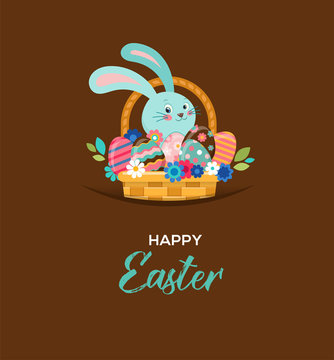 Happy Easter greeting card, bunny in basket, with flowers and eggs, poster, bunner, illustration