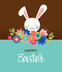 Happy Easter greeting card, poster, with cute, sweet bunny and flowers