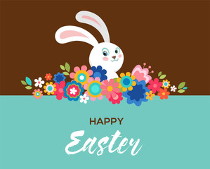 Happy Easter greeting card, poster, with cute, sweet bunny and flowers