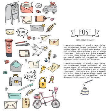 Hand drawn doodle Postal elements icon set. Vector illustration. Isolated post symbols collection. Cartoon various mail element: letter, envelope, stamp, post box, package, delivery truck, pigeon.