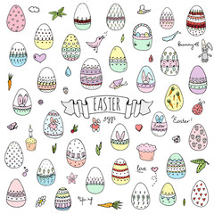 Hand drawn doodle Easter icons set Vector illustration spring bunny symbols collection Cartoon decoration elements: egg, rabbit, basket, bird, carrot, butterfly, bunny footprint, hunting eggs, hearts