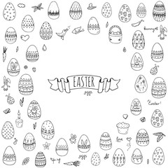 Hand drawn doodle Easter icons set Vector illustration spring bunny symbols collection Cartoon decoration elements: egg, rabbit, basket, bird, carrot, butterfly, bunny footprint, hunting eggs, hearts