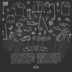 Hand drawn doodle Golf icons set. Vector illustration. Game collection. Cartoon golfing various sketch elements: clubs, tee, bag, cart, sport cloth, shoes, polo shirt, umbrella, flag, hole, grass.