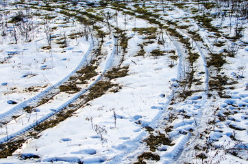 Winter road texture tire tracks in snow