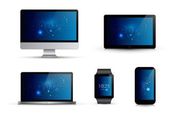 Set of realistic electronic gadgets. Abstract blue wallpaper. Computer monitor, laptop,smart watch, mobile phone, tablet. Isolated vector illustration. Mock up template.