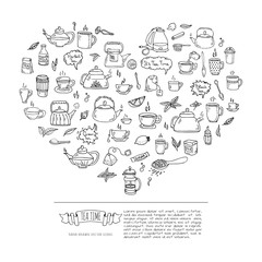 Hand drawn doodle Tea time icon set. Vector illustration. Isolated drink symbols collection. Cartoon various beverage element: mug, cup, teapot, leaf, bag, spice, plate, mint, herbal, sugar, lemon.