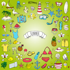 Hand drawn doodle summer set icons Vector illustration Sketchy summer holiday elements collection Isolated vacation objects Cartoon summer beach journey symbols Summertime traveling background 