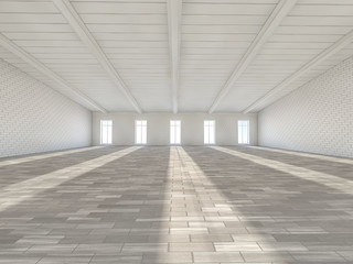 Sunny big open area with windows. 3D rendering.