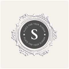 The letter S. Flourishes calligraphic monogram emblem template. Luxury elegant frame ornament line logo design vector illustration. Example designs for Cafe, Hotel, Heraldic, Restaurant, Boutique