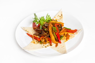 Plate of traditional mexican spicy salad with corn and chili pepper isolated at white background.