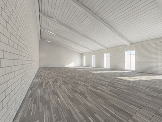 Sunny big open area with windows. 3D rendering.
