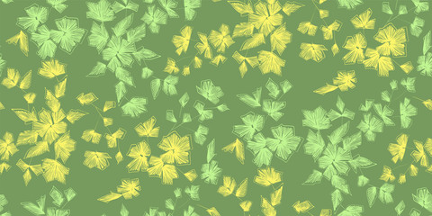 Fototapeta na wymiar Floral seamless background pattern with fantasy flowers and leaves Line art. Embroidery flowers. Vector illustration