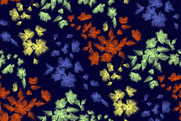 Floral seamless background pattern with fantasy flowers and leaves  Line art. Embroidery flowers. Vector illustration