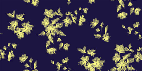 Floral seamless background pattern with fantasy flowers and leaves  Line art. Embroidery flowers. Vector illustration