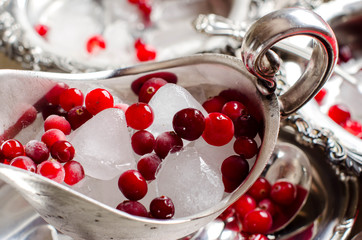 Beautiful ice cubes and red berries closeup.