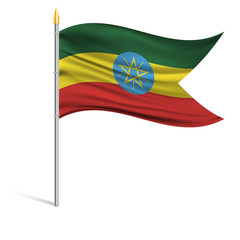 The national flag of Ethiopia on a pole. The wavy fabric. The sign and symbol of the country. Realistic vector.