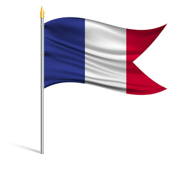 The national flag of France on a pole. The wavy fabric. The sign and symbol of the country. Realistic vector.