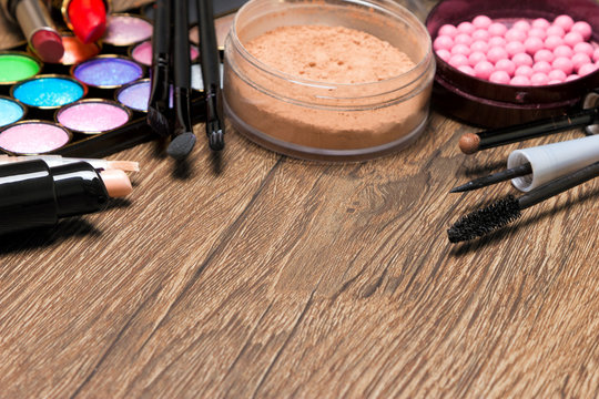 Frame of basic make-up products with copy space