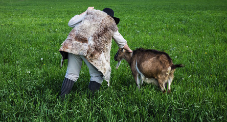 Shepherd and herd of goats on a pasture