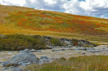 River on a background of rocky hills under white clouds and blue sky, Plateau Ukok, Altai mountains, Siberia, Russia