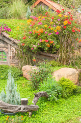 Fototapeta na wymiar Beautiful garden with flowers and nice hut.