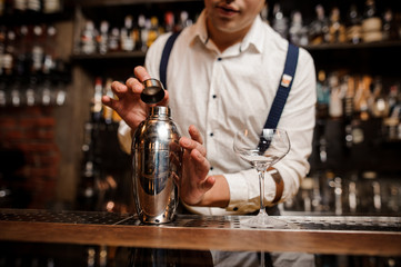 close up no face bartender making coctail