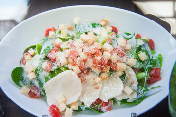 Artificial of vegetable salad on white plate.