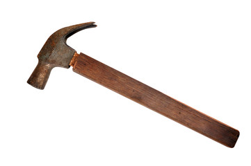 Old iron hammer with wooden stick with clipping path.