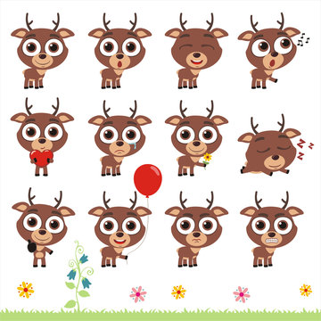 Big set cute little deer. Collection isolated cartoon deer in different poses.