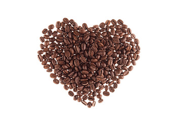 Heart of heap roasted coffee beans isolated on white background.