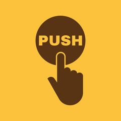 Hand pressing a button with the text PUSH icon. Tap, click, touch symbol. Flat design. Stock - Vector illustration