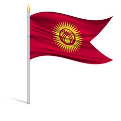 The national flag of Kyrgyzstan on a pole. The wavy fabric. The sign and symbol of the country. Realistic vector.