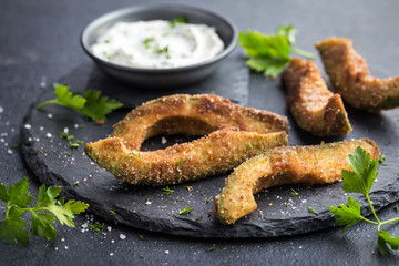 crispy avocado fries with garlic yogurt sause