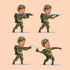 soldier holding various guns and bomb preparing to shoot. Soldier character design - vector