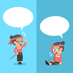 Cartoon senior woman expressing different emotions with white speech bubbles