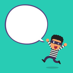Cartoon thief character with white speech bubble