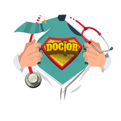Doctor with stethoscope open shirt to show "doctor typographic" in cartoon style - vector