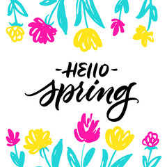 Hello Spring greeting card with colorful hand drawn flowers