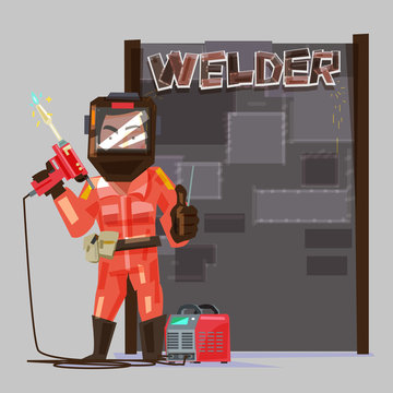 welder in a protective mask holding gas welding machine.  welded metal sheets board to presentation. character design - vector